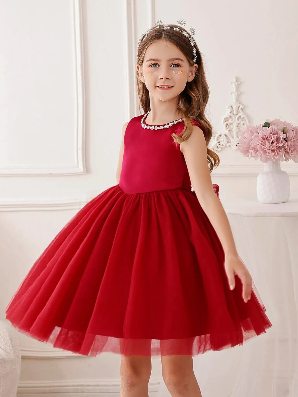 Girls' Christmas Burgundy Dress Suitable for Birthday Parties Weddings and Featuring flower child Gauze Style Beauty hair & fashionfj