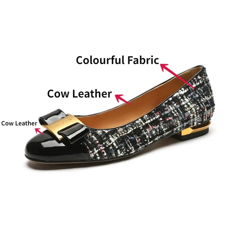 Elegant Flats Women 2025 Cow Leather Shoes Gold Bowtie Big Size 43 Spring Low Heels Slip On Pointed Toe Comfortable Footwear Beauty hair & fashionfj