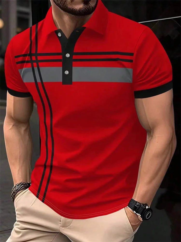 Fashion Stripe Print Polo T Shirt For Men Casual Lapel Loose Short Sleeve Tops Business Golf Clothing Comfortable Trend T-shirt Beauty hair & fashionfj