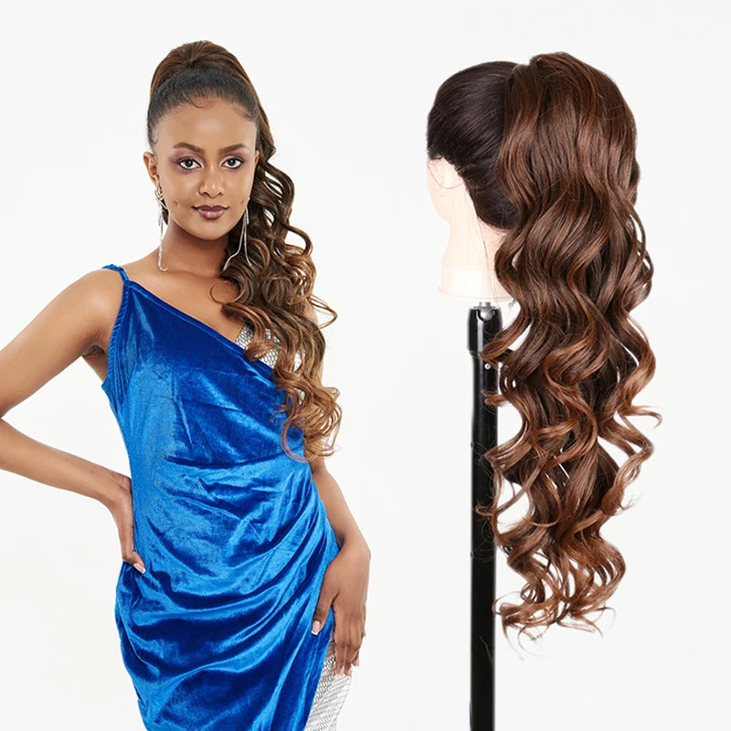 Julianna Synthetic Kanekalon Black Drawstring Water Wave Ponytail Extension Female Curly Wavy Clip In Ponytail Hair Extension