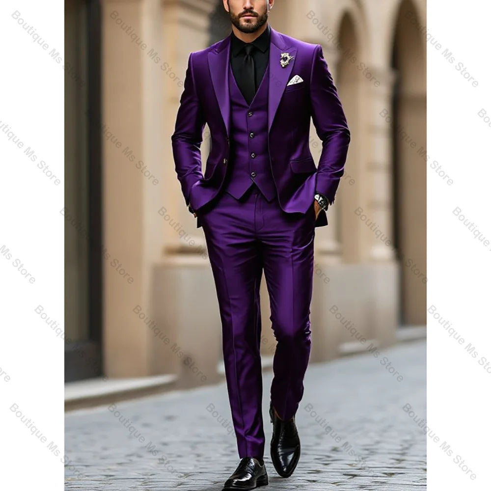 Purple Men Suit Single-breasted Peak Lapel 3 Pieces(Jacket+Pants+Vest) Male Formal Wedding Party Set Beauty hair & fashionfj