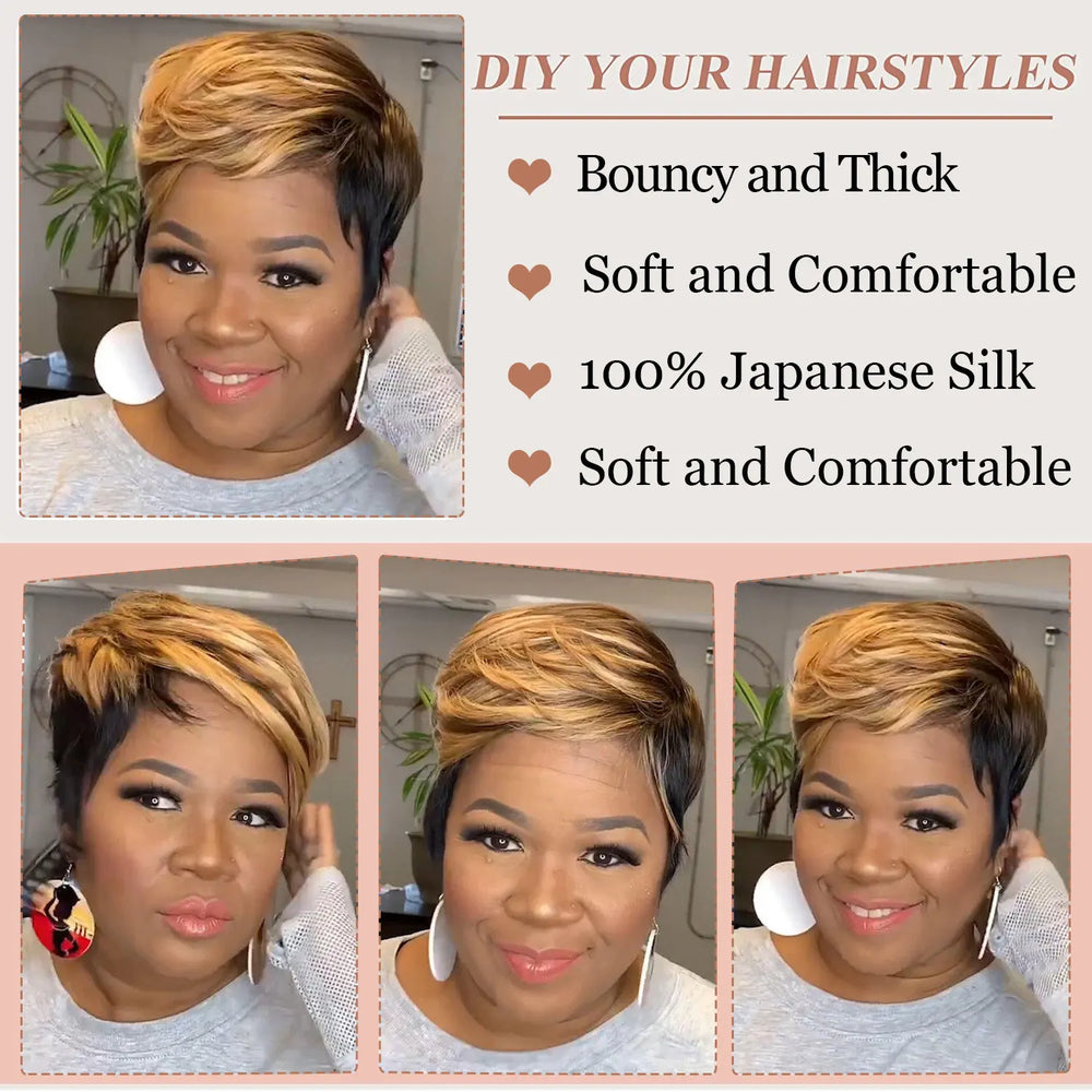 WIGERA Highlight Synthetic Short Straight Pixie Cut Hair Bob Wig Ombre Honey Blonde Mix Black Bronw Layered Hair Wigs For Woman