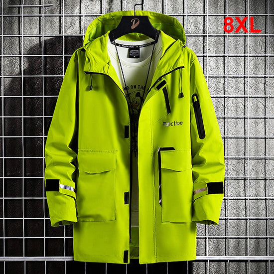 Windbreaker Jacket Men 8XL Plus Size Long Jackets Reflective Strip Design Hooded Coats Camp Jackets Male Outerwear Outdoor