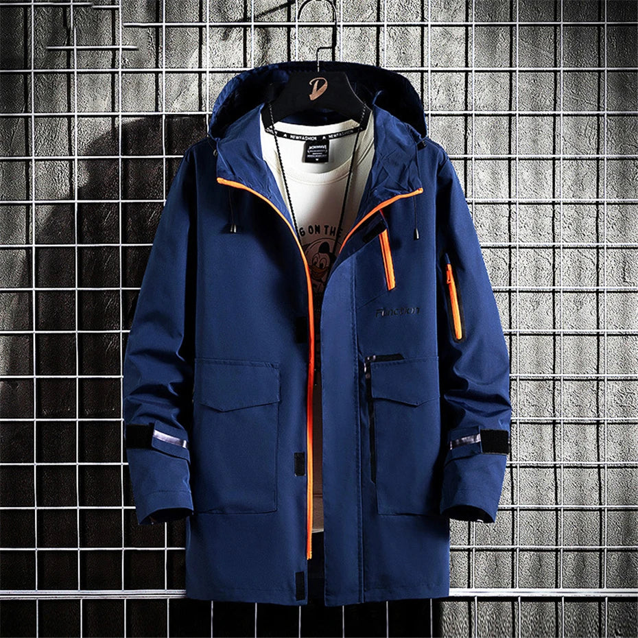 Windbreaker Jacket Men 8XL Plus Size Long Jackets Reflective Strip Design Hooded Coats Camp Jackets Male Outerwear Outdoor
