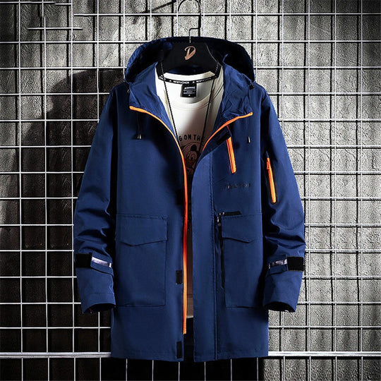 Windbreaker Jacket Men 8XL Plus Size Long Jackets Reflective Strip Design Hooded Coats Camp Jackets Male Outerwear Outdoor