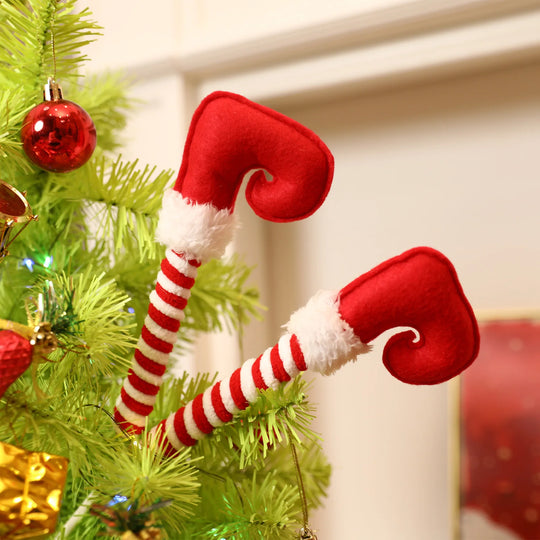 Christmas Elf Legs Boot Pick Striped for Christmas Tree Stuffed Elf Leg Tree Topper for Xmas Navidad Holiday Party Decorations