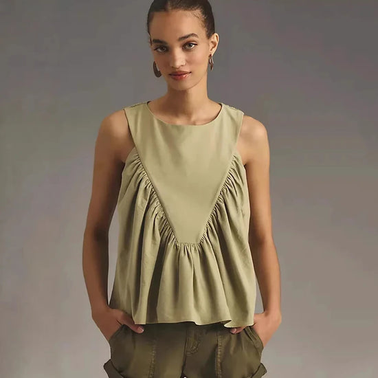 Summer Fashionable Casual Style Sleeveless Loose Vests for Women Simple Versatile Solid Color Round Neck Wrinkles Vest Tops