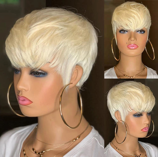 WIGERA Highlight Synthetic Short Straight Pixie Cut Hair Bob Wig Ombre Honey Blonde Mix Black Bronw Layered Hair Wigs For Woman