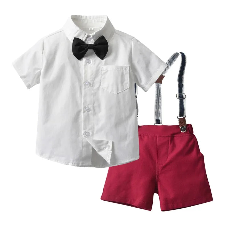 Boys' Formal Outfit Set with Short Sleeve Shirt Bow Tie Suspenders and Shorts Elegant Suit for Wedding and Halloween Party