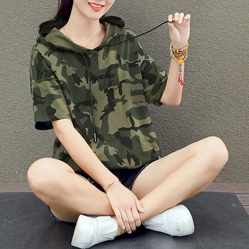 Hooded T-shirt Women Camouflage Short-sleeved Cotton T Shirt Summer Korean Style Tops Loose Thin Camouflage Uniform Student Tops Beauty hair & fashionfj