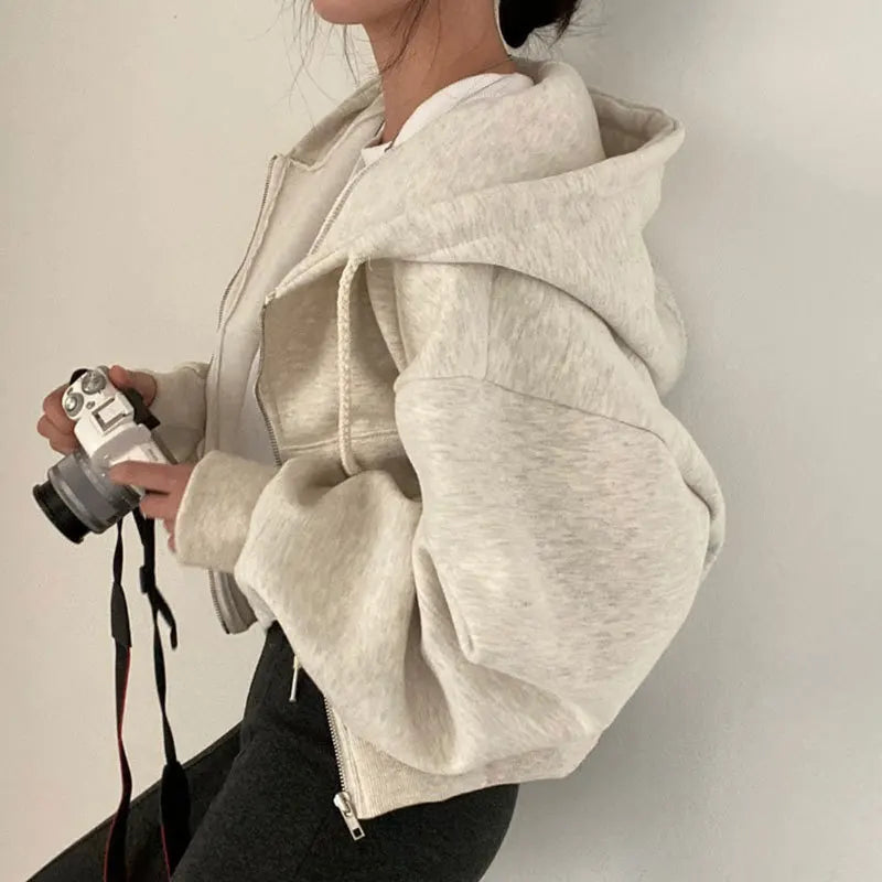 Casual Hood Sweatshirt Women Y2K Zip Up Hoodies Solid Harajuku Long Sleeve Shirt Oversized Crop Tops Female Loose Jackets Coat Beauty hair & fashionfj