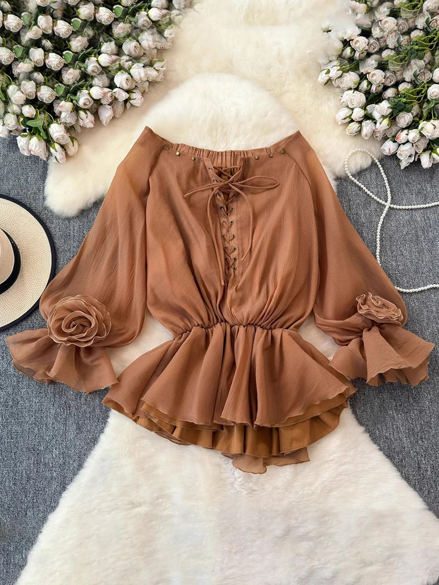 TWOTWINSTYLE Solid Lace Up Loose Dresses For Women Slash Neck Long Sleeve High Waist Designer Mini Dress Female Fashion Style Beauty hair & fashionfj