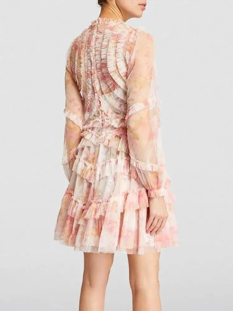 TWOTWINSTYLE Hit Color Printing Dresses For Women V Neck Long Sleeve High Waist Patchwork Mesh Mini Dress Female Fashion Clothes Beauty hair & fashionfj