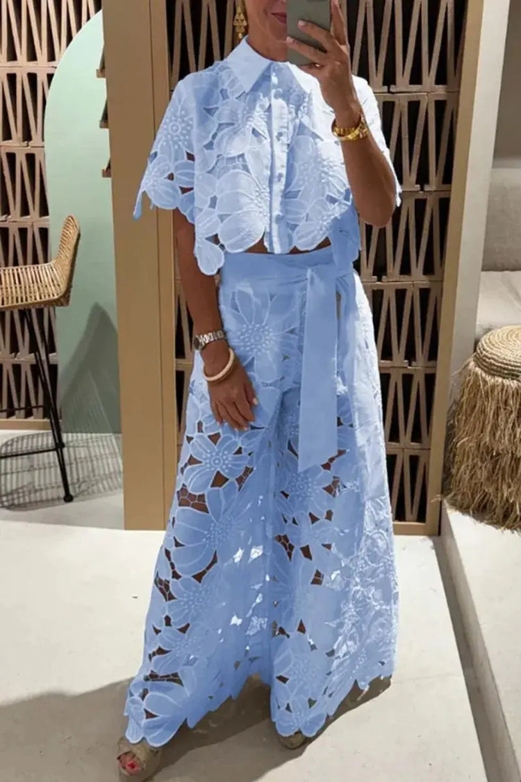 Elegant Lapel Half-sleeved Crop Top + Wide-leg Pants Sexy Hollow 2-piece Set Women Fashion Spring Solid Color Loose Suit Female Beauty hair & fashionfj