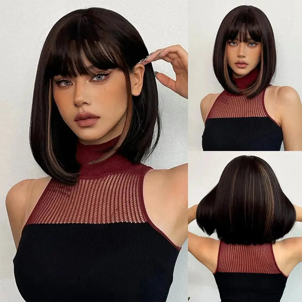 Short Black Brown Synthetic Natural Hair Wigs for Women Bob Straight Wig with Bangs High Temperature Daily Cosplay Party Wigs Beauty hair & fashionfj
