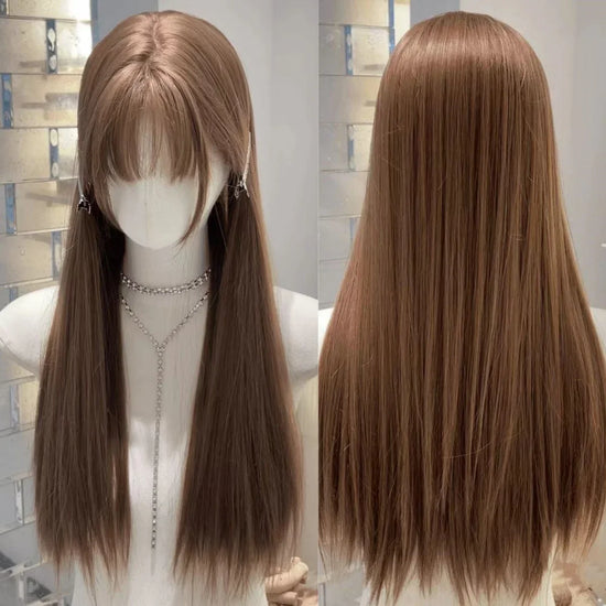 Vintage Baby Brown Wig with Bangs Long Straight Wigs for Women High Temperature Fibers Synthetic 가발  Headband Wig for Daily Use
