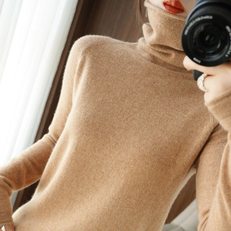 Soft Turtleneck Long Sleeve Sweater for Women 2025 Korean All-Match Solid Women&