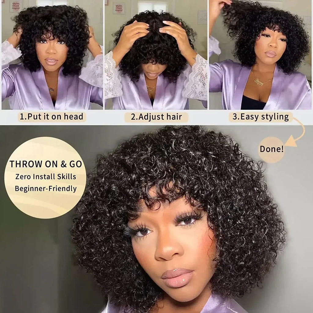 Curly Human Hair Wigs With Bangs 180% Density Water Wave Virgin Human Hair Full Machine Made Curly Glueless Wigs For Black Women Beauty hair & fashionfj