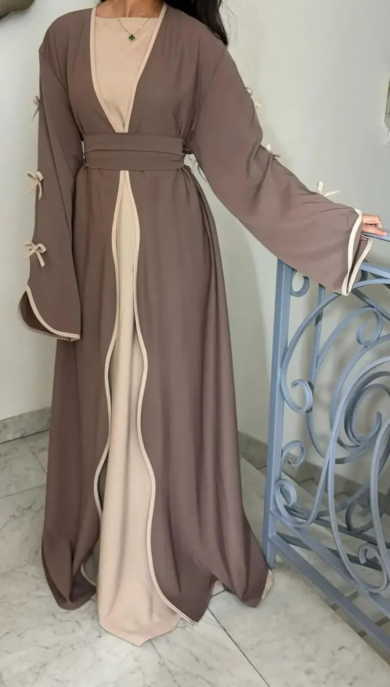 Women Muslim Arab Bow Round Neck Gown Long Sleeves Corset Ramadan Elegant Loose Cardigan Beauty hair & fashionfj