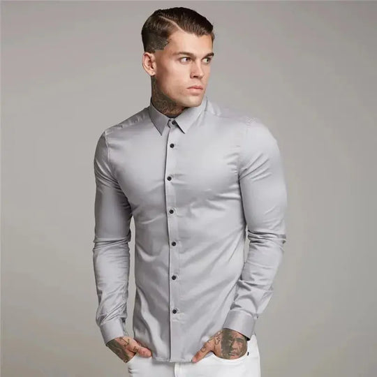 Men's Shirt Fashion Full Sleeve Shirt Men's Muscle Casual Slim-fit Business Dress Solid Color Shirt Men's Gym Fitness Men Shirt Beauty hair & fashionfj