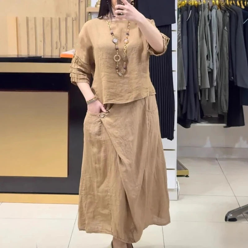 Casual O Neck Top Pullover & A-Line Skirts Cotton Linen Set Woman 2 Pieces Beauty hair & fashionfj