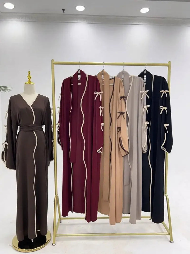 Women Muslim Arab Bow Round Neck Gown Long Sleeves Corset Ramadan Elegant Loose Cardigan Beauty hair & fashionfj