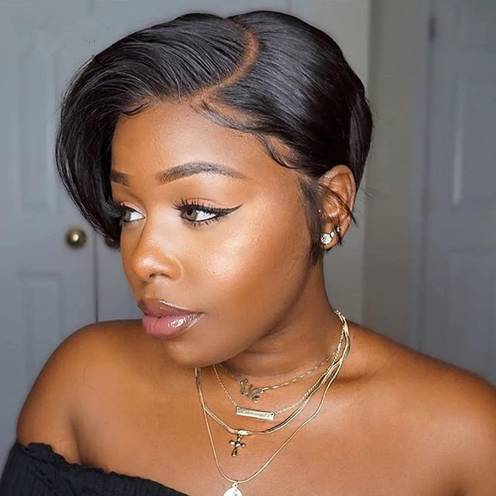 Brazilian Short Bob Pixie Cut Wig Pre plucked Lace Frontal Straight Transparent Lace Front Human Hair Wigs For Black Women  180%