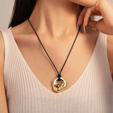 Gold Plated Geometric Circle Pendant Necklace for Women Girls Adjustable Long Leather Rope Chian Necklaces Sweater Chain Jewelry Beauty hair & fashionfj