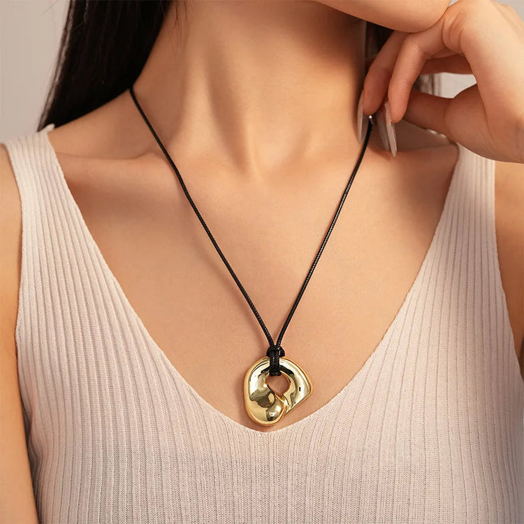 Gold Plated Geometric Circle Pendant Necklace for Women Girls Adjustable Long Leather Rope Chian Necklaces Sweater Chain Jewelry Beauty hair & fashionfj