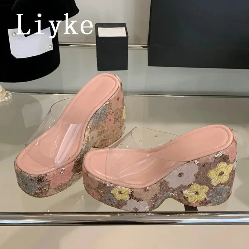 Liyke Fashion Design Mixed Colors Sequined Platform Wedges Slippers Sandals Summer Party Banquet Super High Heels Shoes Women Beauty hair & fashionfj