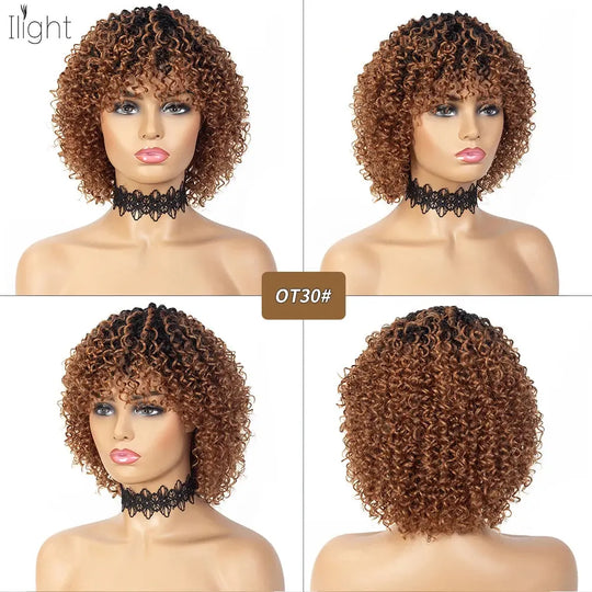 8 Inch Short Pixie Curly Bob Wig with Bangs Brazilian Human Hair Bouncy Curl Wig for Women Ready to Go Wig Beauty hair & fashionfj