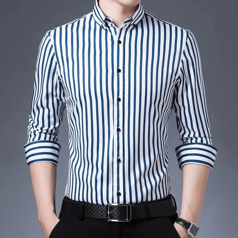 Men's Striped Button-Down Collar Design Iron-Free Dress Shirts, Long Sleeve Stretchy Casual Button Up Shirt for All-Seasons Beauty hair & fashionfj