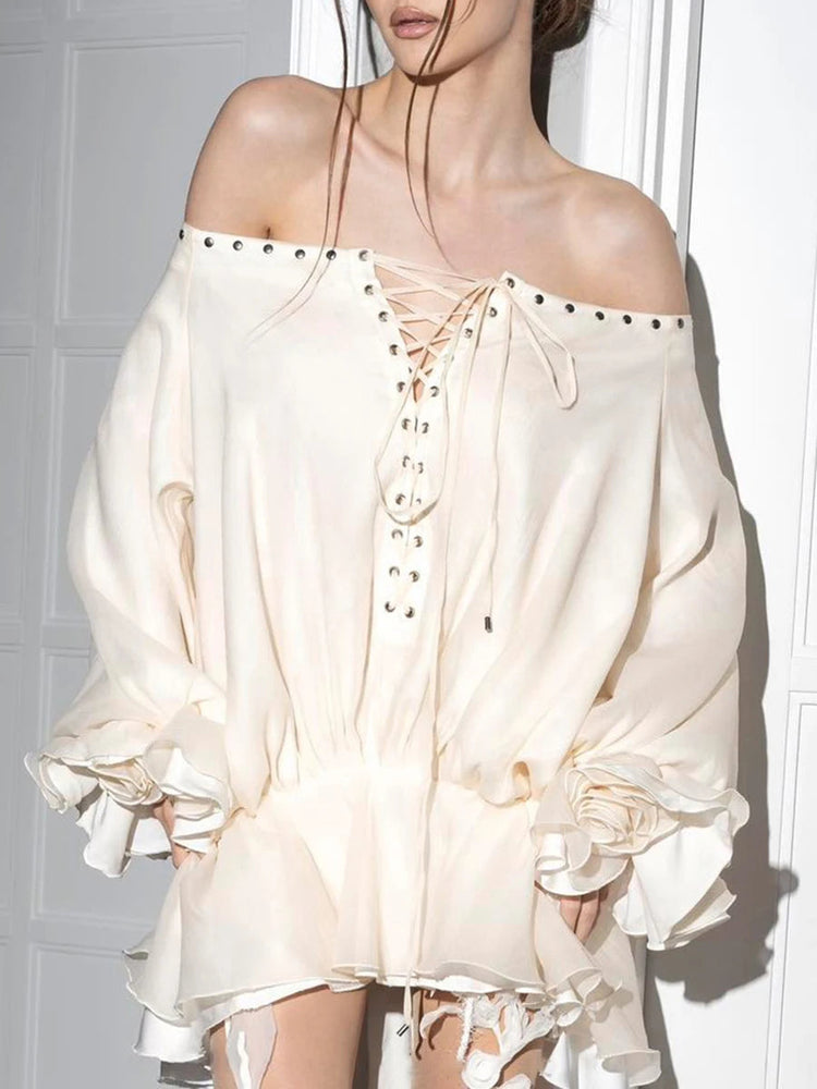 TWOTWINSTYLE Solid Lace Up Loose Dresses For Women Slash Neck Long Sleeve High Waist Designer Mini Dress Female Fashion Style Beauty hair & fashionfj