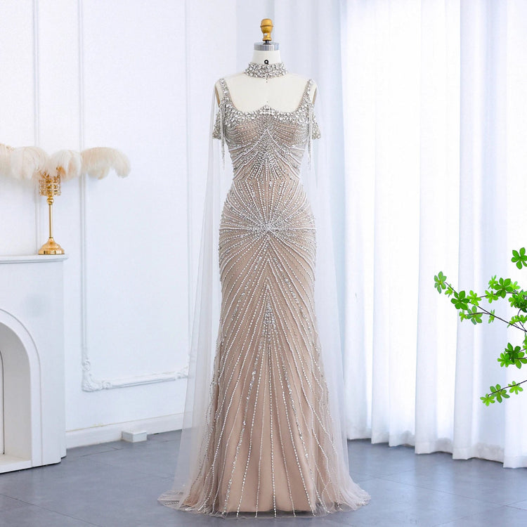 Sharon Said Luxury Tassel Silver Nude Mermaid Evening Dress with Cape Chocker Dubai Women Formal Party Gowns SS158 Customized Beauty hair & fashionfj