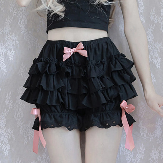 Women Girls Bowknot Frilly Lace Ruffle Pumpkin Bloomers Victorian Bloomer Shorts Lolita Vintage Gothic Pantaloons Costum