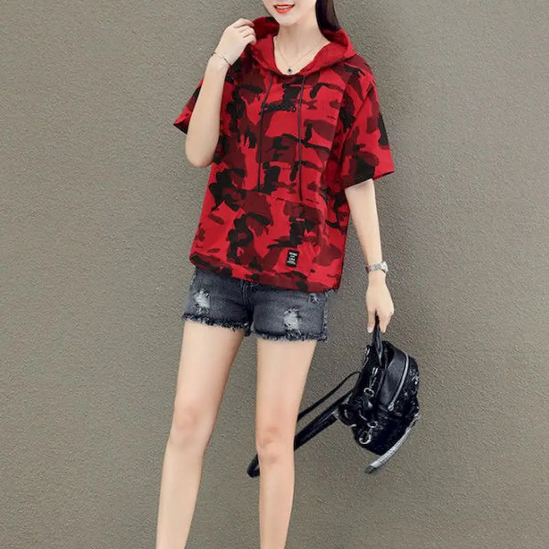 Hooded T-shirt Women Camouflage Short-sleeved Cotton T Shirt Summer Korean Style Tops Loose Thin Camouflage Uniform Student Tops Beauty hair & fashionfj