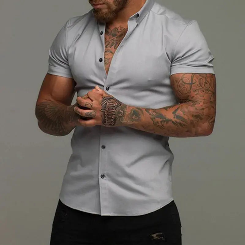 Men Slim Blouse Shirts Summer Casual Male Turn Down Collar Short Sleeve Button Tops LXDZ-110 Beauty hair & fashionfj