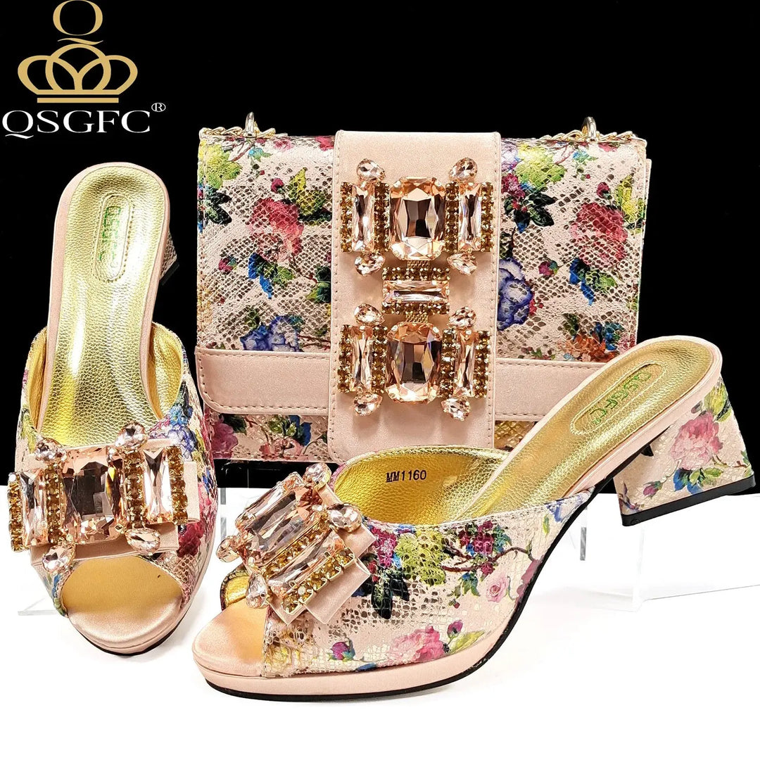 QSGFC Italian Sandals and Bags Matching Set 2025 Women Heel Party for Rose Gold Colour Wedding Bigger Size Thick Heel Shoes Beauty hair & fashionfj