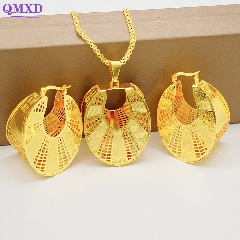 Fashion Dubai Jewelry Sets Gold Color Pendant Copper Classic Earrings Necklace For Women Daily Wear Party Anniversary Gifts