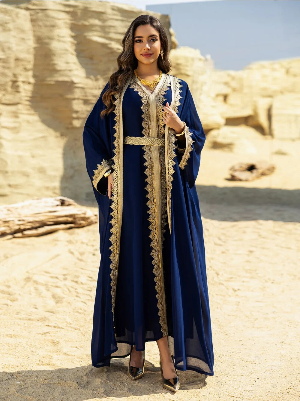 Eid Women Abaya Dress Muslim 2 Piece Set Cardigan with Inner Dress Lace-up Robe Caftan Robe Jalabiya Ramadan Morocco Kaftan 2025 Beauty hair & fashionfj