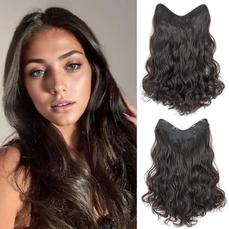 20Inch Synthetic Long Wavy Curly 4 Clip in Hair Extension V-shaped Heat Resistant Black Blonde Hairpiece for Women Beauty hair & fashionfj