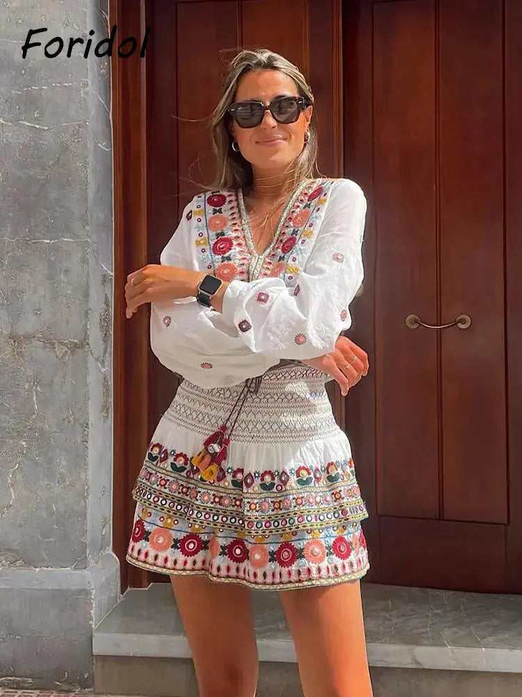 Batwing Sleeve Women Autumn Embriodery Paisley Print Skirt Set Outfits V Neck Button Tiered Mini Skirt Dress Suit Vintage Set Beauty hair & fashionfj