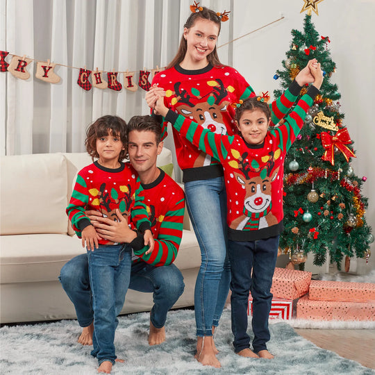 Xmas Family Look Women Men Boys Girls Matching Outfits Cartoon Print Christmas Knitting Sweater Full Sleeve O Neck Pullover Tops