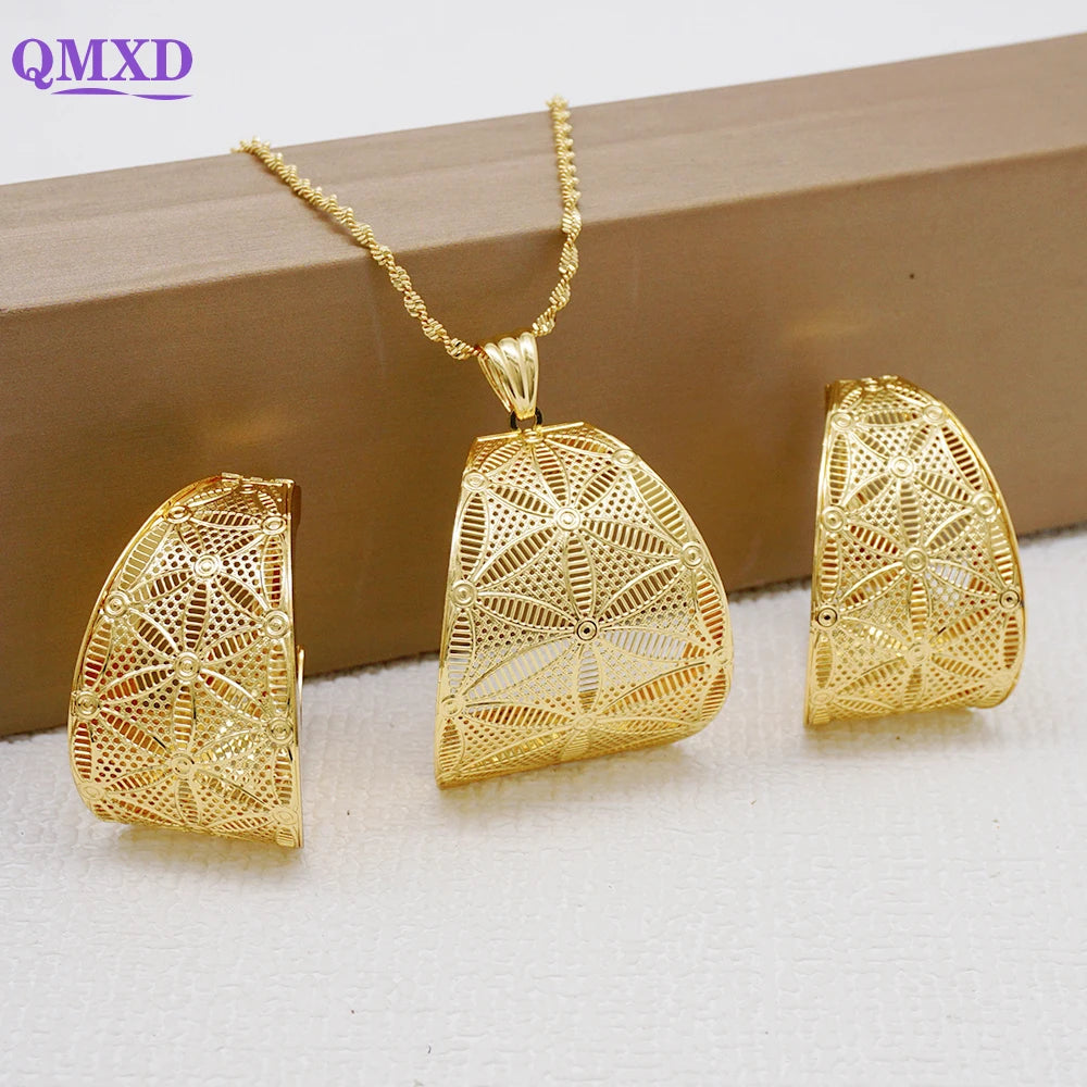 Fashion Dubai Jewelry Sets Gold Color Pendant Copper Classic Earrings Necklace For Women Daily Wear Party Anniversary Gifts