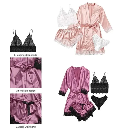 Women's Summer Sexy Pajama Pants Set 4 Pieces Lace Satin With Silk Sleepwear Robe Fashion And Comfortable Nightwear Beauty hair & fashionfj