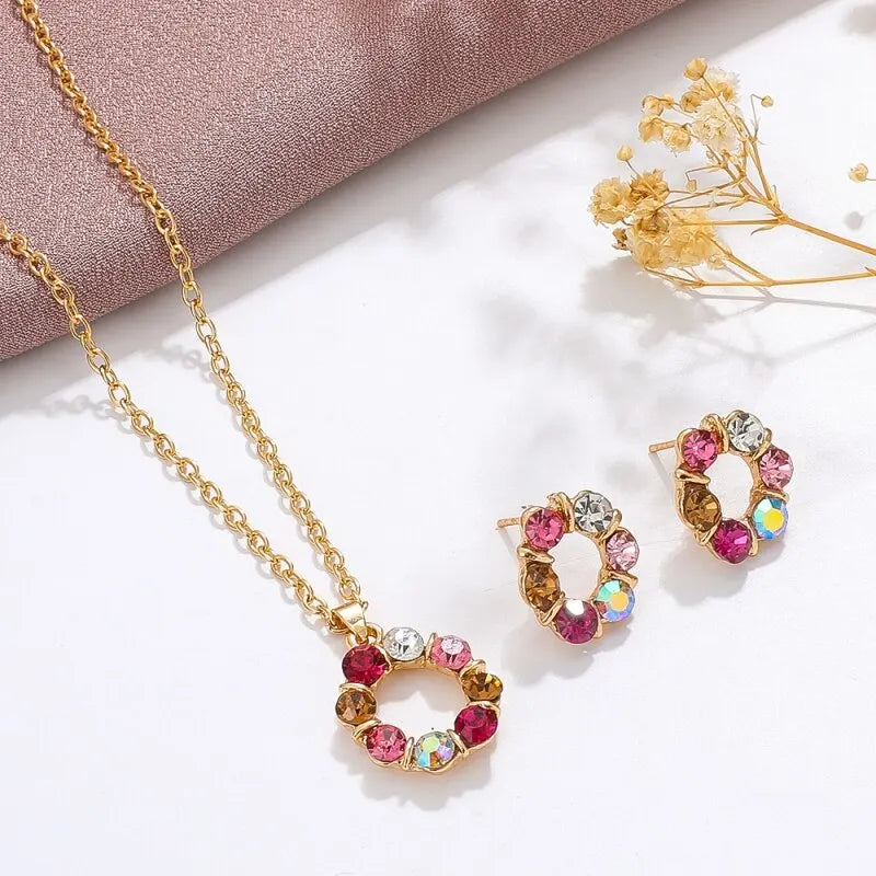 3pcs Gold Necklace Earrings Set Ladies Celebrity Simple Fashion Style Exquisite Stained Glass Diamond Circle Shape Jewelry Beauty hair & fashionfj