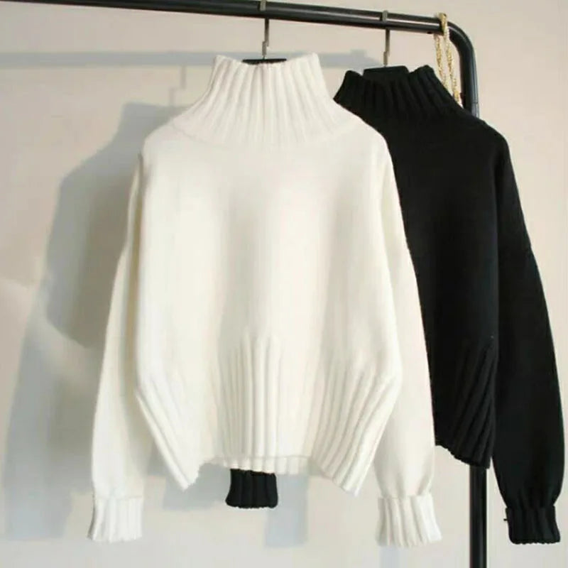 Lucyever Black White Autumn Winter Sweaters Women Soft Thick Loose Fit Knitted Pullovers Female Long Sleeve Turtleneck Sweater Beauty hair & fashionfj