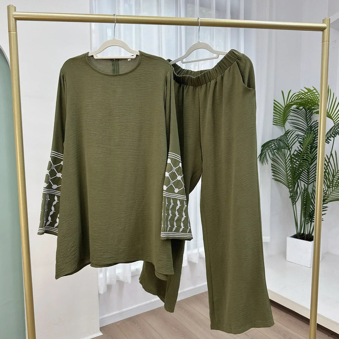 2PCS Embroidery Muslim Women Long Sleeve Tops Pants Set Dubai Turkey Outfits Islamic Clothing Kebaya Eid Ramadan Robe Abaya Suit Beauty hair & fashionfj