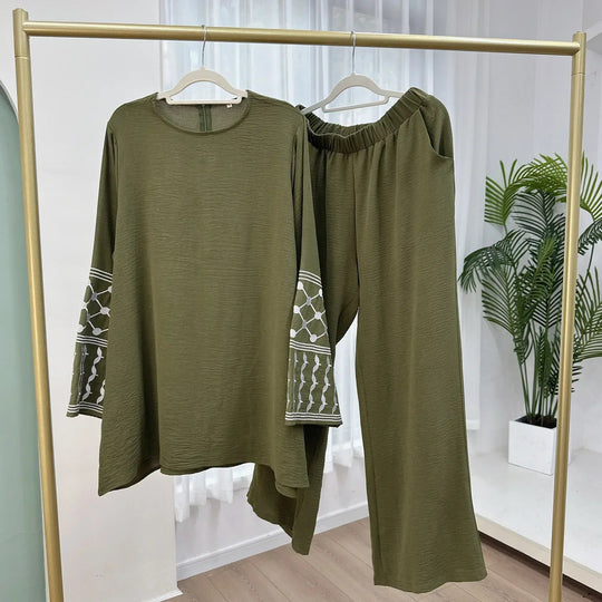 2PCS Embroidery Muslim Women Long Sleeve Tops Pants Set Dubai Turkey Outfits Islamic Clothing Kebaya Eid Ramadan Robe Abaya Suit Beauty hair & fashionfj