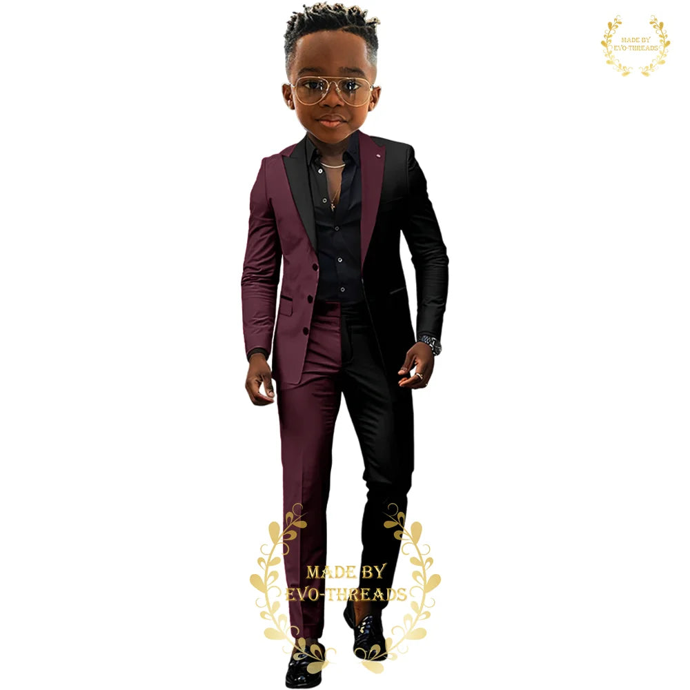 Fashion boys' suit 2 PCS set black red spliced color jacket pants custom kids' tuxedo for wedding dinner birthday Easter party